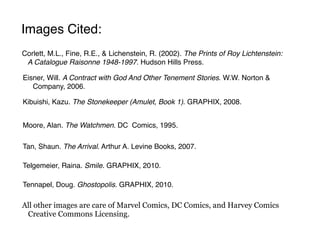 Images Cited:
Corlett, M.L., Fine, R.E., & Lichenstein, R. (2002). The Prints of Roy Lichtenstein:
 A Catalogue Raisonne 1948-1997. Hudson Hills Press.

Eisner, Will. A Contract with God And Other Tenement Stories. W.W. Norton &
   Company, 2006.

Kibuishi, Kazu. The Stonekeeper (Amulet, Book 1). GRAPHIX, 2008.


Moore, Alan. The Watchmen. DC Comics, 1995.

Tan, Shaun. The Arrival. Arthur A. Levine Books, 2007.

Telgemeier, Raina. Smile. GRAPHIX, 2010.

Tennapel, Doug. Ghostopolis. GRAPHIX, 2010.

All other images are care of Marvel Comics, DC Comics, and Harvey Comics
 Creative Commons Licensing.
 