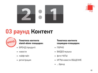 03 раунд Контент
     Д       Тематика контента           Тематика контента
БРЕН         stand-alone площадки:       соцмедиа-площадки:
         •   БРЕНД (продукт)         •   ПОРНО
         •   новости                 •   ВИДЕО музыка
         •   лайфстайл               •   фото ЧАТЫ
         •   регистрация             •   ИГРЫ новости ОБЩЕНИЕ
                                     •   ... бренд

                                                                10
 