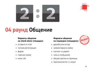 04 раунд Общение
       Форматы общения                Форматы общения                О   Р
       на stand-alone площадке:       на соцмедиа-площадках:     ВЫБ
   •   оставьте e-mail            •   дружба или игнор
   •   полная регистрация         •   комментарии и лайки
   •   форум                      •   постинг и шеринг
   •   горячая линия              •   чаты и сообщения
   •   wow-call                   •   общие группы и страницы
                                  •   приложения (в т.ч. игры)

                                                                    13
 