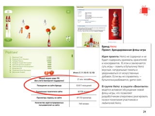 Бренд Heinz
Проект: брендированная флеш-игра

Идея проекта: Heinz не содержал и не
будет содержать крахмала, красителей
и консервантов. В этом и заключается
суть игры – ловить в бутылочку Heinz
вкусные, натуральные томаты и
уворачиваться от искусственных
добавок. Если вы не справились –
бутылочка разбивается, game over.

В группе Heinz в соцсети «Вконтакте»
ведется активное обсуждение новой
флеш-игры, что позволяет
разработчикам оперативно реагировать
на все пожелания участников и
любителей Heinz.


                                 29
 