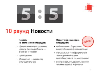 10 раунд Новости
     Новости                        Новости на соцмедиа-                С
     на stand-alone площадке:       площадках:                  С ЕЙЧА
   • официальные корпоративные    • публикация и обсуждение
     новости (все подробности —     новостей в момент их появления
     о бренде и товаре)           • официальные и неофициальные
   • пресс-релизы                   точки зрения со всеми
                                    подробностями (в т.ч. «желтыми»)
   • обновления — раз месяц
     (в лучшем случае)            • возможность объединять новости
                                    тегами в единый инфопоток

                                                                       32
 