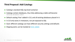 25 © Hortonworks Inc. 2011 – 2018. All Rights Reserved
Third Proposal: Add Catalogs
 Catalog is standard SQL top level co...