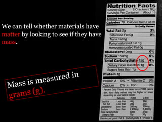 We can tell whether materials have
matter by looking to see if they have
mass.
 