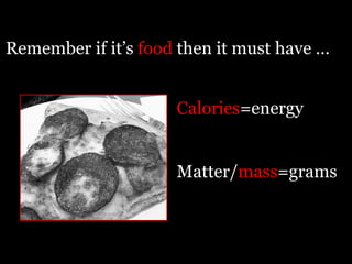 Remember if it’s food then it must have …


                     Calories=energy


                     Matter/mass=grams
 