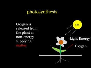 photosynthesis

Oxygen is                 Sun
released from
the plant as
non-energy             Light Energy
supplying
matter.                   Oxygen
 