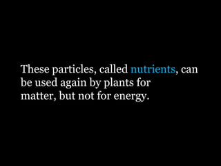 These particles, called nutrients, can
be used again by plants for
matter, but not for energy.
 