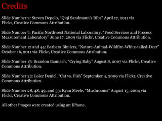 Credits
Slide Number 2: Steven Depolo, “Qiqi Sandmann’s Ribs” April 17, 2011 via
Flickr, Creative Commons Attribution.

Slide Number 7: Pacific Northwest National Laboratory, “Food Services and Process
Measurement Laboratory” June 17, 2009 via Flickr, Creative Commons Attribution.

Slide Number 12 and 44: Barbara Blmiers, “Nature-Animal-Wildfire-White-tailed-Deer”
October 16, 2011 via Flickr, Creative Commons Attribution.

Slide Number 17: Brandon Baunach, “Crying Baby” August 8, 2007 via Flickr, Creative
Commons Attribution.

Slide Number 22: Loiez Deniel, “Cat vs. Fish” September 4, 2009 via Flickr, Creative
Commons Attribution.

Slide Number 28, 48, 49, and 53: Ryan Steele, “Mushrooms” August 15, 2004 via
Flickr, Creative Commons Attribution.

All other images were created using an IPhone.
 