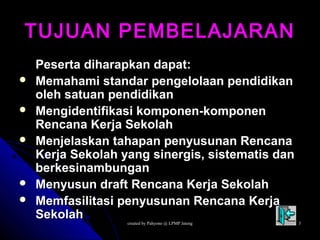 created by Pahyono @ LPMP Jatengcreated by Pahyono @ LPMP Jateng 33
TUJUAN PEMBELAJARANTUJUAN PEMBELAJARAN
Peserta diharapkan dapat:Peserta diharapkan dapat:
 Memahami standar pengelolaan pendidikanMemahami standar pengelolaan pendidikan
oleh satuan pendidikanoleh satuan pendidikan
 Mengidentifikasi komponen-komponenMengidentifikasi komponen-komponen
Rencana Kerja SekolahRencana Kerja Sekolah
 Menjelaskan tahapan penyusunan RencanaMenjelaskan tahapan penyusunan Rencana
Kerja Sekolah yang sinergis, sistematis danKerja Sekolah yang sinergis, sistematis dan
berkesinambunganberkesinambungan
 Menyusun draft Rencana Kerja SekolahMenyusun draft Rencana Kerja Sekolah
 Memfasilitasi penyusunan Rencana KerjaMemfasilitasi penyusunan Rencana Kerja
SekolahSekolah
 