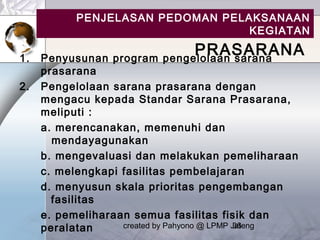 created by Pahyono @ LPMP Jateng36
4. BIDANG SARANA
PRASARANA1. Penyusunan program pengelolaan sarana
prasarana
2. Pengelolaan sarana prasarana dengan
mengacu kepada Standar Sarana Prasarana,
meliputi :
a. merencanakan, memenuhi dan
mendayagunakan
b. mengevaluasi dan melakukan pemeliharaan
c. melengkapi fasilitas pembelajaran
d. menyusun skala prioritas pengembangan
fasilitas
e. pemeliharaan semua fasilitas fisik dan
peralatan
PENJELASAN PEDOMAN PELAKSANAAN
KEGIATAN
 