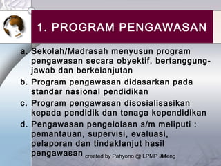 created by Pahyono @ LPMP Jateng44
1. PROGRAM PENGAWASAN
a. Sekolah/Madrasah menyusun program
pengawasan secara obyektif, bertanggung-
jawab dan berkelanjutan
b. Program pengawasan didasarkan pada
standar nasional pendidikan
c. Program pengawasan disosialisasikan
kepada pendidik dan tenaga kependidikan
d. Pengawasan pengelolaan s/m meliputi :
pemantauan, supervisi, evaluasi,
pelaporan dan tindaklanjut hasil
pengawasan
 