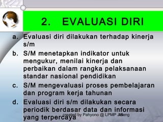 created by Pahyono @ LPMP Jateng48
2. EVALUASI DIRI
a. Evaluasi diri dilakukan terhadap kinerja
s/m
b. S/M menetapkan indikator untuk
mengukur, menilai kinerja dan
perbaikan dalam rangka pelaksanaan
standar nasional pendidikan
c. S/M mengevaluasi proses pembelajaran
dan program kerja tahunan
d. Evaluasi diri s/m dilakukan secara
periodik berdasar data dan informasi
yang terpercaya
 