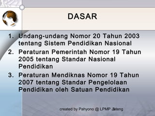 created by Pahyono @ LPMP Jateng5
DASAR
1. Undang-undang Nomor 20 Tahun 2003
tentang Sistem Pendidikan Nasional
2. Peraturan Pemerintah Nomor 19 Tahun
2005 tentang Standar Nasional
Pendidikan
3. Peraturan Mendiknas Nomor 19 Tahun
2007 tentang Standar Pengelolaan
Pendidikan oleh Satuan Pendidikan
 