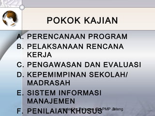 created by Pahyono @ LPMP Jateng6
POKOK KAJIAN
A. PERENCANAAN PROGRAM
B. PELAKSANAAN RENCANA
KERJA
C. PENGAWASAN DAN EVALUASI
D. KEPEMIMPINAN SEKOLAH/
MADRASAH
E. SISTEM INFORMASI
MANAJEMEN
F. PENILAIAN KHUSUS
 