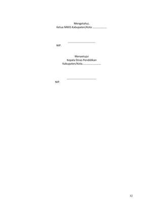 32
Mengetahui,
Ketua MKKS Kabupaten/Kota …………………
………………………………….
NIP.
Menyetujui
Kepala Dinas Pendidikan
Kabupaten/Kota………………………
…………………………………….
NIP.
 