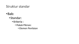 Struktur standar
•Bab:
•Standar:
•Kriteria :
• Pokok Pikiran:
• Elemen Penilaian
 