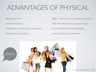 ADVANTAGES OF PHYSICAL
• Edited assortment                        • Ability to test, try on, or experience products

• Convenient returns                       • Help with initial setup or ongoing repairs

• Shopping as an event and an experience   • Personal help from caring associates

• Instant access to products               • Instant gratiﬁcation of all senses




  BRICKS



                                                                       Source: Darrell, R. (2011) HBR
 