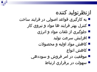 ازنظرتوليد کننده  به کارگيري قواعد اصولي در فرايند ساخت  کنترل بهتر فرايند ها مواد و نيروي کار  جلوگيري از تلفات مواد و انرژي افزايش سرعت توليد کاهش مواد اوليه و محصولات کاهش انواع  موفقيت در امر فروش و سوددهي سهولت در برقراري ارتباط 