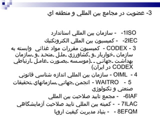 3 -  عضويت در مجامع بين المللي و منطقه اي 1-  ISO   -   سازمان بين المللي استاندارد  2-  IEC   -   كميسيون بين المللي الكتروتكنيك 3  -  CODEX  -  كميسيون مقررات مواد غذائي  وابسته به سازمان خواربار و كشاورزي ملل متحد و سازمان بهداشت جهاني  ( موسسه بصورت عامل ارتباطي  CODEX   در ايران )  4  -  OIML   -   سازمان بين المللي اندازه شناسي قانوني  5  -  WAITRO  -  انجمن جهاني سازمانهاي تحقيقات صنعتي و تكنولوژي 6-  IAF   -   مجمع تاييد صلاحيت بين المللي 7 -  ILAC  -  كميته بين المللي تاييد صلاحيت آزمايشگاهي 8 -  EFQM  -  بنياد مديريت كيفيت اروپا 