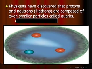  Physicists have discovered that protons
and neutrons (Hadrons) are composed of
even smaller particles called quarks.
 Just bigger than an electron.
Copyright © 2010 Ryan P. Murphy
 