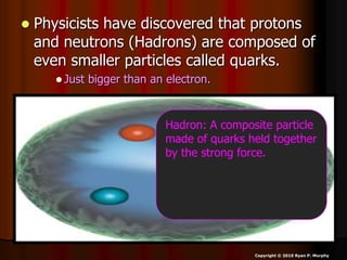  Physicists have discovered that protons
and neutrons (Hadrons) are composed of
even smaller particles called quarks.
 Just bigger than an electron.
Copyright © 2010 Ryan P. Murphy
Hadron: A composite particle
made of quarks held together
by the strong force.
 