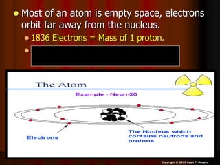  Most of an atom is empty space, electrons
orbit far away from the nucleus.
 1836 Electrons = Mass of 1 proton.
 1 Neutron = little bit more mass than a
proton.
Copyright © 2010 Ryan P. Murphy
 