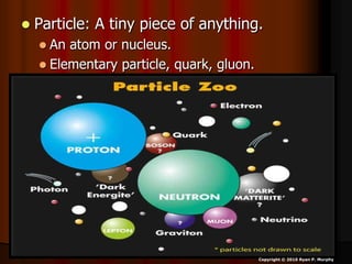  Particle: A tiny piece of anything.
 An atom or nucleus.
 Elementary particle, quark, gluon.
Copyright © 2010 Ryan P. Murphy
 