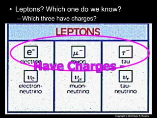 • Leptons? Which one do we know?
– Which three have charges?
Copyright © 2010 Ryan P. Murphy
 
