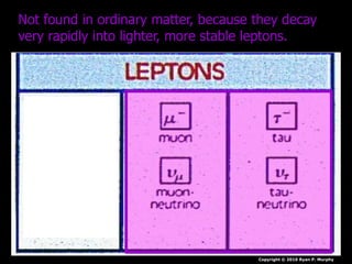 Copyright © 2010 Ryan P. Murphy
Not found in ordinary matter, because they decay
very rapidly into lighter, more stable leptons.
 