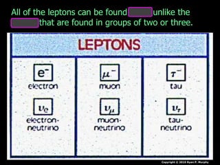 Copyright © 2010 Ryan P. Murphy
All of the leptons can be found alone unlike the
quarks that are found in groups of two or three.
 