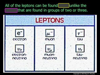 Copyright © 2010 Ryan P. Murphy
All of the leptons can be found alone unlike the
quarks that are found in groups of two or three.
 