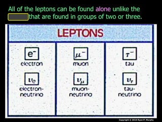 Copyright © 2010 Ryan P. Murphy
All of the leptons can be found alone unlike the
quarks that are found in groups of two or three.
 