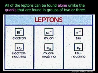 Copyright © 2010 Ryan P. Murphy
All of the leptons can be found alone unlike the
quarks that are found in groups of two or three.
 