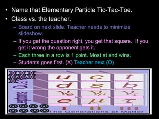 • Name that Elementary Particle Tic-Tac-Toe.
• Class vs. the teacher.
– Board on next slide. Teacher needs to minimize
slideshow.
– If you get the question right, you get that square. If you
get it wrong the opponent gets it.
– Each three in a row is 1 point. Most at end wins.
– Students goes first. (X) Teacher next (O)
 