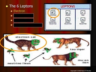  The 6 Leptons
 Electron
 Muon
 Tau
 3 types of Neutrinos
Copyright © 2010 Ryan P. Murphy
 