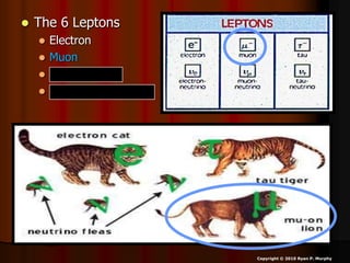  The 6 Leptons
 Electron
 Muon
 Tau
 3 types of Neutrinos
Copyright © 2010 Ryan P. Murphy
 