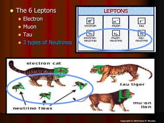  The 6 Leptons
 Electron
 Muon
 Tau
 3 types of Neutrinos
Copyright © 2010 Ryan P. Murphy
 