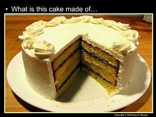 • What is this cake made of…
– Sugar, flour, milk, eggs, water, baking soda, etc.
– Molecules of proteins, lipids, carbohydrates,
nucleic acids.
– Atoms of Sulfur, Phosphorus, Oxygen, Nitrogen,
Carbon, Hydrogen, etc.
– Protons, Neutrons, Electons
– Quarks and Leptons and Force Carrier Particles.
– ?
Copyright © 2010 Ryan P. Murphy
 