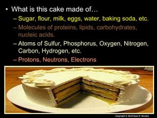 • What is this cake made of…
– Sugar, flour, milk, eggs, water, baking soda, etc.
– Molecules of proteins, lipids, carbohydrates,
nucleic acids.
– Atoms of Sulfur, Phosphorus, Oxygen, Nitrogen,
Carbon, Hydrogen, etc.
– Protons, Neutrons, Electrons
– Quarks and Leptons and Force Carrier Particles.
– ?
Copyright © 2010 Ryan P. Murphy
 
