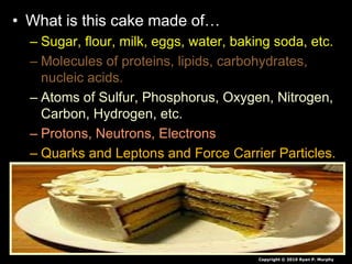 • What is this cake made of…
– Sugar, flour, milk, eggs, water, baking soda, etc.
– Molecules of proteins, lipids, carbohydrates,
nucleic acids.
– Atoms of Sulfur, Phosphorus, Oxygen, Nitrogen,
Carbon, Hydrogen, etc.
– Protons, Neutrons, Electrons
– Quarks and Leptons and Force Carrier Particles.
– ?
Copyright © 2010 Ryan P. Murphy
 