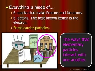 Everything is made of…
 6 quarks that make Protons and Neutrons
 6 leptons. The best-known lepton is the
electron.
 Force carrier particles.
Copyright © 2010 Ryan P. Murphy
The ways that
elementary
particles
interact with
one another.
 