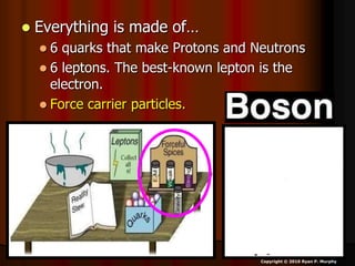  Everything is made of…
 6 quarks that make Protons and Neutrons
 6 leptons. The best-known lepton is the
electron.
 Force carrier particles.
Copyright © 2010 Ryan P. Murphy
 
