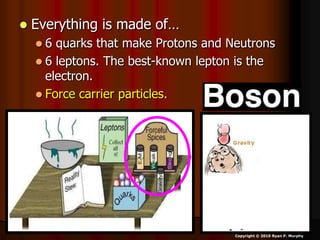  Everything is made of…
 6 quarks that make Protons and Neutrons
 6 leptons. The best-known lepton is the
electron.
 Force carrier particles.
Copyright © 2010 Ryan P. Murphy
 
