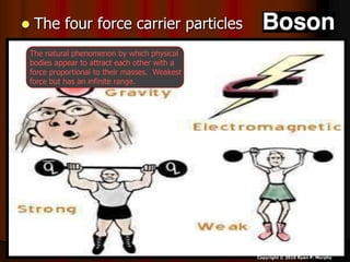  The four force carrier particles
Copyright © 2010 Ryan P. Murphy
The natural phenomenon by which physical
bodies appear to attract each other with a
force proportional to their masses. Weakest
force but has an infinite range.
 