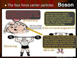  The four force carrier particles
Copyright © 2010 Ryan P. Murphy
A force between elementary particles that
causes certain processes that take place
with low probability, as radioactive beta-
decay and collisions between neutrinos
and other particles. Short range and only
dominate only on sub atomic particles
.
The forces that occur between
electrically charged particles. In
electromagnetic theory these forces
are explained using electromagnetic
fields. Much stronger than gravity
and has an infinite range.
The natural phenomenon by which physical
bodies appear to attract each other with a
force proportional to their masses. Weakest
force but has an infinite range.
Weak Force: Weakest
of the forces but still
stronger than gravity.
 