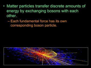 • Matter particles transfer discrete amounts of
energy by exchanging bosons with each
other.
– Each fundamental force has its own
corresponding boson particle.
 