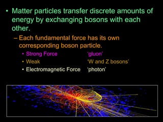 • Matter particles transfer discrete amounts of
energy by exchanging bosons with each
other.
– Each fundamental force has its own
corresponding boson particle.
• Strong Force „gluon‟
• Weak „W and Z bosons‟
• Electromagnetic Force „photon‟
 