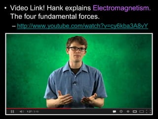 • Video Link! Hank explains Electromagnetism.
The four fundamental forces.
– http://www.youtube.com/watch?v=cy6kba3A8vY
 