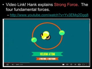 • Video Link! Hank explains Strong Force. The
four fundamental forces.
– http://www.youtube.com/watch?v=Yv3EMq2Dgq8
 