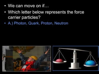 • We can move on if…
• Which letter below represents the force
carrier particles?
• A.) Photon, Quark, Proton, Neutron
 