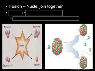 • Fusion – Nuclei join together
• Fission – Nuclei break apart
– Electrons are released – radiation / heat
Copyright © 2010 Ryan P. Murphy
 